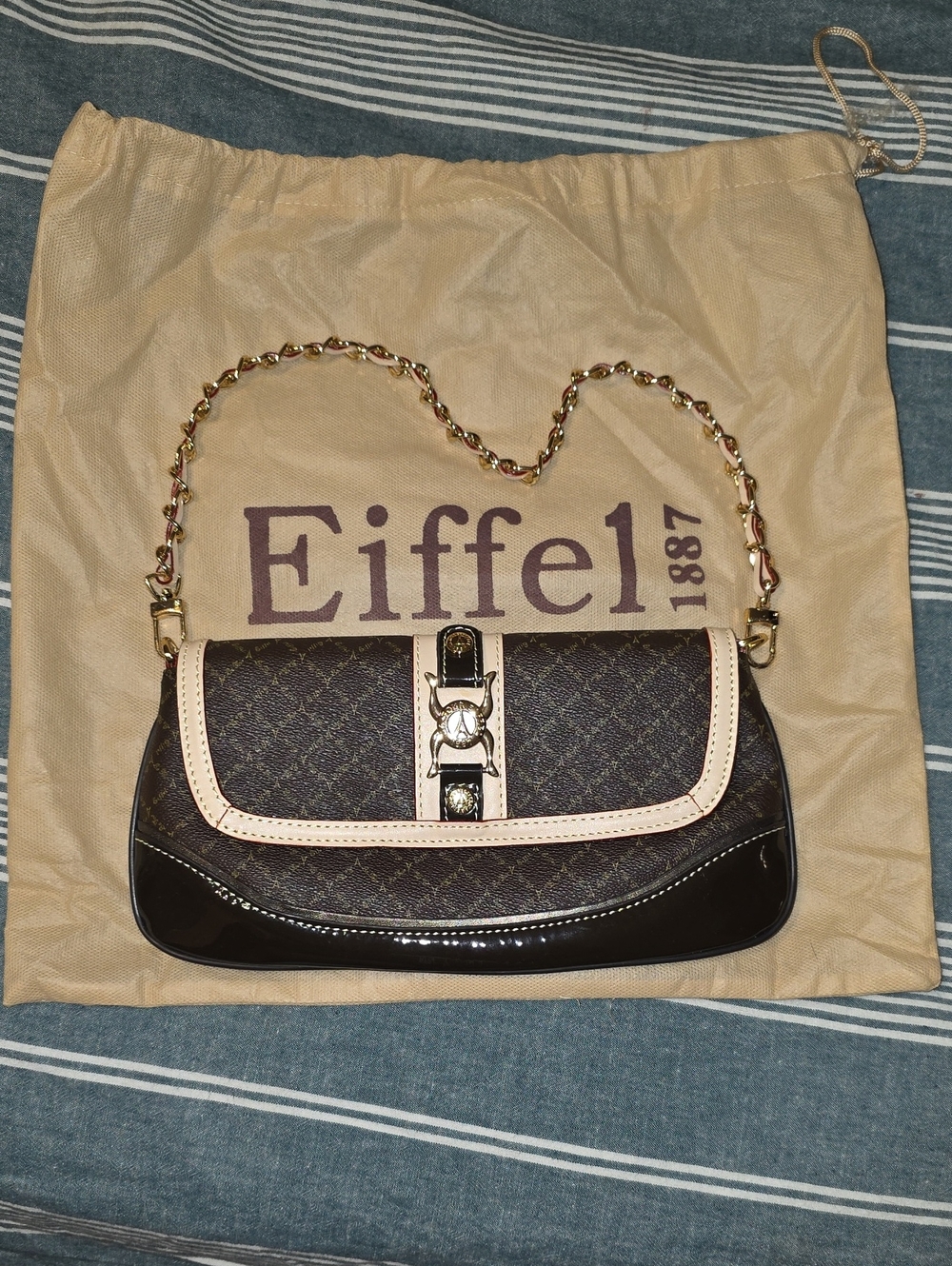 Eiffel Brown & Cream Chain-Detail Shoulder Clutch
